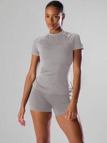 Musera Sport 纯色短袖运动T恤 跑步短裤 舒适休闲 健身 健身房 跑步 俱乐部 - 板式网球、网球、匹克球 健身 瑜伽 普拉提 日常休闲 夏季 - 灰色 - 查看 5