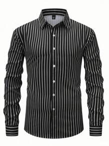Calvornis 黑色条纹长袖衬衫，带口袋和领子，适合华丽派对穿着条纹长袖衬衫男士条纹衬衫黑白条纹衬衫男士黑白衬衫，秋季 - 黑色 - 查看 3