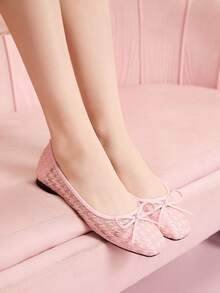 CUCCOO DOLLMOD Mocasines planos con punta redonda, tira suave, bloqueo de color, decoración de remache metálico y lazo de ballet para mujer - Rosa - Ver 2
