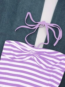 INAWLY Women's Striped Ruffle Casual Halter Neck Tank Top - Purple - View 3