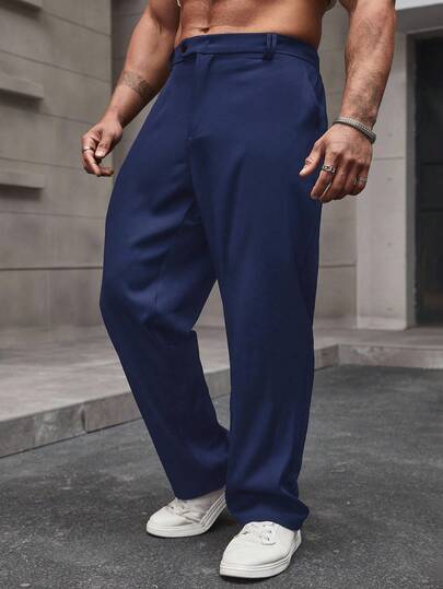 Calvornis Plus Size Men's Solid Color Pocket Straight Loose Casual Pants