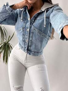 SHEIN Cottnline 100%Cotton Drop Shoulder Drawstring Hooded Denim Jacket