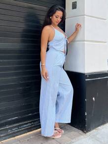 NegzBox 2 piezas Conjunto casual de mujer con top de tirantes halter sin espalda a rayas y pantalones de pierna ancha con bolsillos de verano - Azul - Ver 6