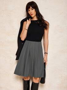 House of One 中腰褶皱梭织短裙女休闲商务短款复古秋季衣服秋季服装商务职业女性商务休闲女装 - 深灰色 - 查看 6