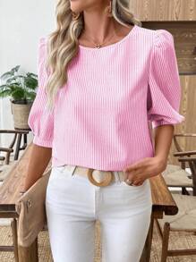 EMERY ROSE Pink Stripe Puff Sleeve Blouse With Button Detail And Round Neck For Casual Wear Pink Striped Top Puff Sleeve Top Summer Top Pink Blouse Striped Blouse - Pink - View 6