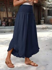 EMERY ROSE Women's Casual Ruffled Hem Long Pants, Summer Wide Leg Summer Pants Ruffle Hem Pants - Navy Blue - View 3