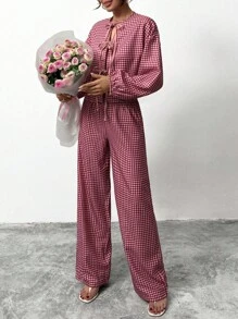 EURMUSE Women's Multicolor Bow Front Gingham Printed Elegant Two Pieces Set - Multicolor - View 6