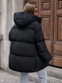 EURMUSE Fashionable Solid Color Hooded Jacket For Winter - Black - View 2
