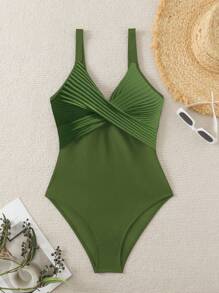 Swim Vcay 1pc Striped Fabric Criss-Cross Front One-Piece Swimsuit For Summer Beach Vacation