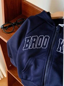 SHEIN 柔软舒适休闲百搭日常时尚刺绣拉链连帽夹克运动衫，适合男婴、女婴和幼儿，适合室内、户外、日常、运动、玩耍、派对、拍照、节日、万圣节、圣诞节 - 藏蓝色 - 查看 6