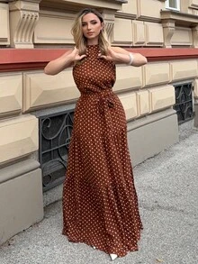 Jeta Ari 波尔卡圆点印花荷叶边下摆系带吊带连衣裙 女式超长装 - 咖啡棕 - 查看 5