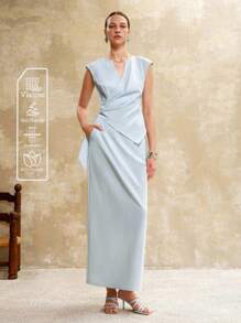 EMERY ROSE Conjunto de dos piezas elegante y casual de estilo "Old Money" para mujer, con top sin mangas de diseño plisado y falda asimétrica, en color azul cielo. Atuendo para mujer, maestras y negocios casuales. - Azul - Ver 6