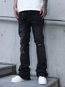 Manfinity LEGND 男士黑色破洞紧身喇叭牛仔裤，带破洞细节和加长款破洞叠穿牛仔裤 - 黑色 - 查看 4