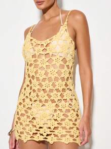 KIZN Vestido mini hecho a mano de ganchillo con flores, cubierta de traje de baño, vestido de verano con cuello de halter, estilo bohemio chic para playa y vacaciones - Amarillo - Ver 1
