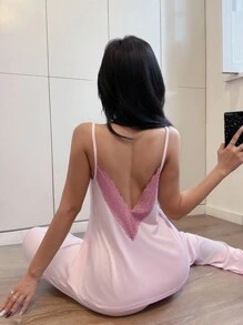 Miss Vinta 蕾丝花边吊带背心和裤子睡衣套装 - 粉色 - 查看 3