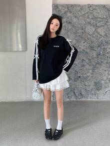 SHEIN 青少年女孩黑色针织返校拼色条纹宽松圆领插肩袖撞色丝带棕色蝴蝶结长袖甜美休闲 T 恤，Y2K，春秋冬，返校季 - 黑色 - 查看 4