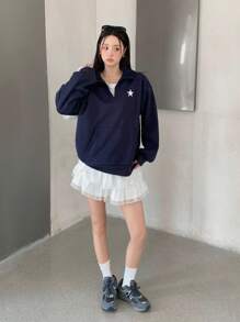 SHEIN Teen Girls American Casual Vintage Star Color Block Splicing Sports Turndown Collar Fluffy Loose Sweatshirt For Spring, Autumn And Winter,Back To School Season Fall - Royal Blue - View 8