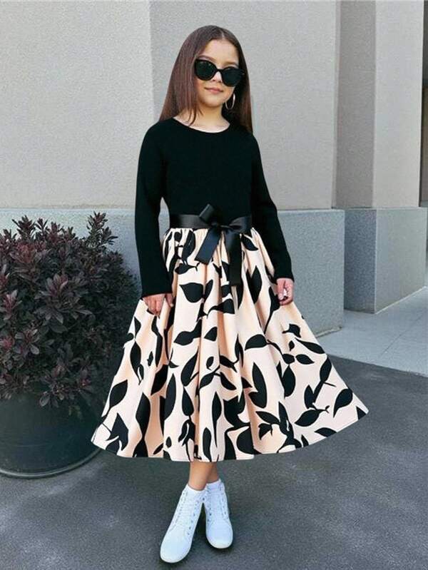 SHEIN فستان كاجوال للأطفال المراهقات ذو رقبة دائرية وأكمام طويلة، باتش ورك من أقمشة كروشيه سادة وزهرية