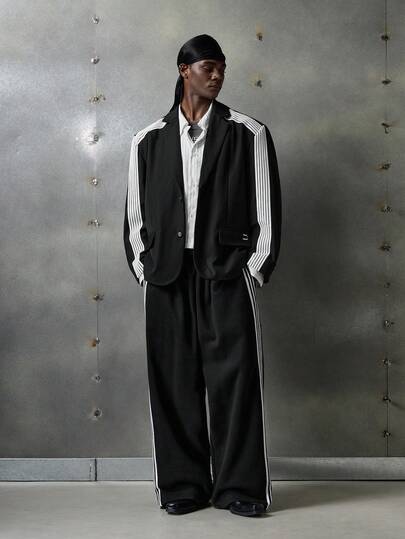 NEON BLANC 条纹织带拼布翻领男士西装外套，适合秋冬