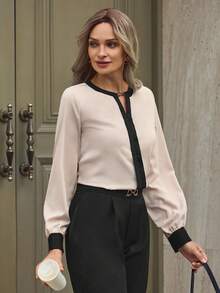 EMERY ROSE Contrast Trim Keyhole Back Blouse,Long Sleeve Tops - Apricot - View 4