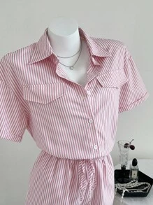 SHEIN Unity 女式条纹收腰短袖衬衫连体裤，带口袋，夏季 - 粉色 - 查看 6