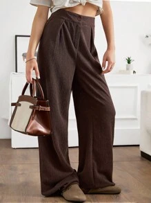 SHEIN Tall Tall Size Solid Colour Frenchy Wide Leg Pants - Brown - View 6