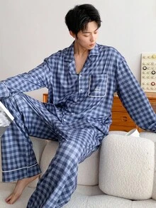 DAZY Men's Plaid Blue Pajama Set, Autumn, Fall Clothes - Blue - View 6