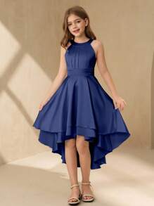 SHEIN Váy satin viền bất đối xứng cho bé gái, váy dạ hội cổ yếm cao cấp cho đám cưới, dạ hội, tiệc sinh nhật - Màu xanh lam - Xem 5