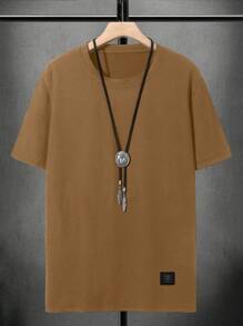 Manfinity Homme 男士休闲纯色宽松短袖T恤，夏季 - 棕色 - 查看 2