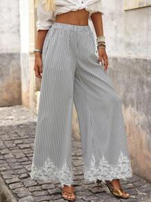Brillora Women's Striped Wide Leg Palazzo Pants,Black And White Checkered,Summer,Boho,Vacation,Holiday Lace Patchwork Pockets Casual Loose Long Pants - Black - View 6