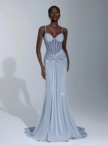 Elitara Elegant, Luxurious, Fashionable, Dignified, Shimmering, Hazy Blue, Knitted Metallic Fabric, Pleated, Bust Cup, Fishtail Hem, Trailing, Suitable For Vacation, Wedding, Bachelorette Party, Gala, Formal Dinner Dress - Dusty Blue - View 5