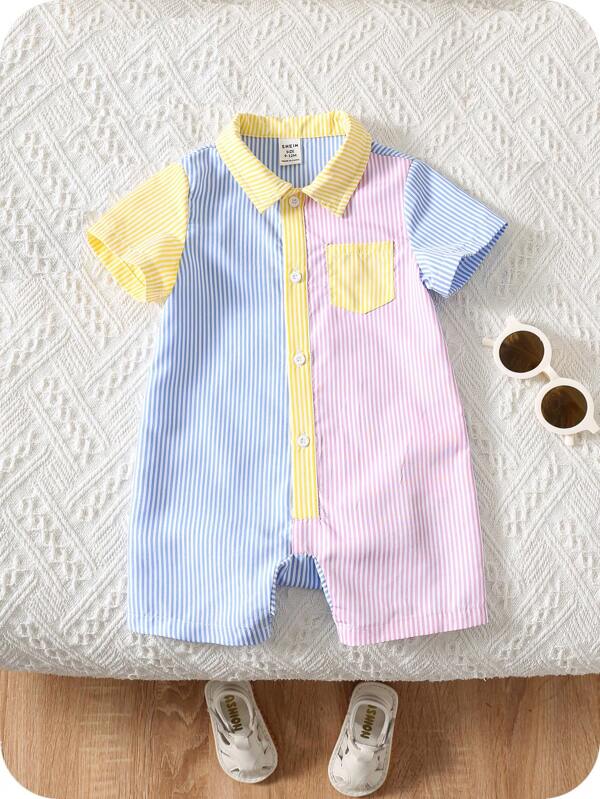 SHEIN Baby Boy/Girl Color Block Short Sleeve Romper With Pockets & Turn-Down Collar, Casual Wear For Spring/Summer
