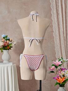 SHEIN Swim 女士海滩夏装镂空红白贝壳珍珠点缀性感设计三角比基尼套装 - 紅白色 - 查看 2