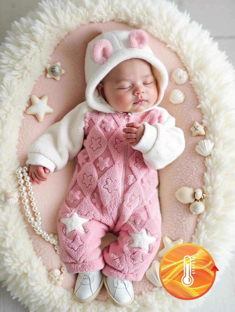 SHEIN 女婴双面羊毛连帽连体衣，可爱休闲装，适合秋冬季日常穿着 - 粉色 - 查看 1