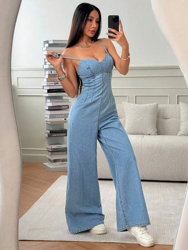 SHEIN PETITE جمبسوت جينز مغسولة كاجوال صيفية