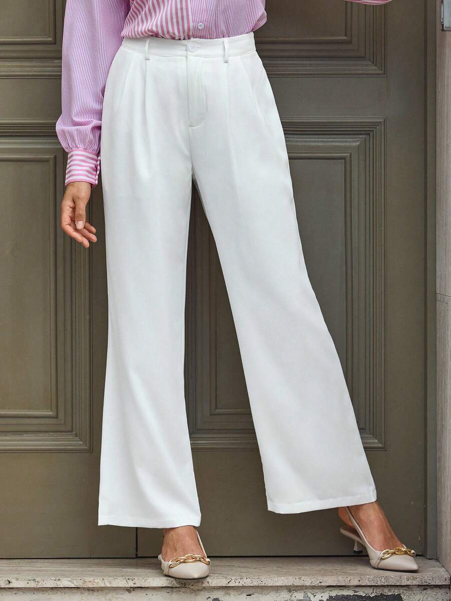 EMERY ROSE Pantalones blancos de oficina de estilo francés elegante para mujer - Blanco - Ver 1