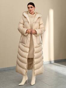 CLARA VERO Women Solid Color Belted And Pocket Detailed Long Winter Coats Women Winter Coats Winter Outfits For Women Women's Winter Coats Beige Puffer Coat Long Puffer Coat Luxury Puffer Coat Women's Beige Outfits - Beige - View 3