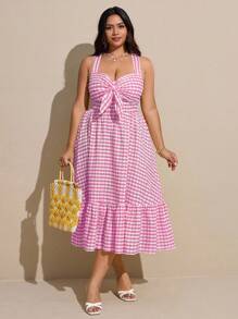 Viva Relle Große Größen Karo Herzausschnitt Krawatte Rüschen Saum Ärmellos Lässig Kleid für Damen, Sommer