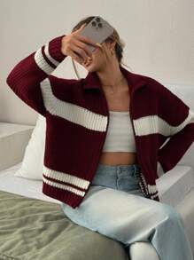 EURMUSE Women Stripe Pattern Rib Knit Zipper Detailed Drop Shoulder Cardigan,Long Cardigans Woman,Petite Cardigans,Cardigans - Burgundy - View 2