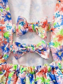 SHEIN Vestido con diseño de lazo sin espalda, mangas de casquillo y cintura ceñida con estampado floral para niñas preadolescentes - Naranja - Ver 3