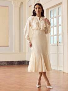 ZEYLAH VÁY DÀI REN JACQUARD CÓ VỎ XÒE GODET CHO NỮ - Màu be - Xem 6