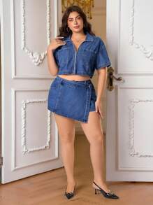 SHEIN Clasi Veste en jean grande taille pour femmes, Top en jean col, veste zippée à manches courtes élégante pour les vacances d'automne - Jean bleu - Voir 5