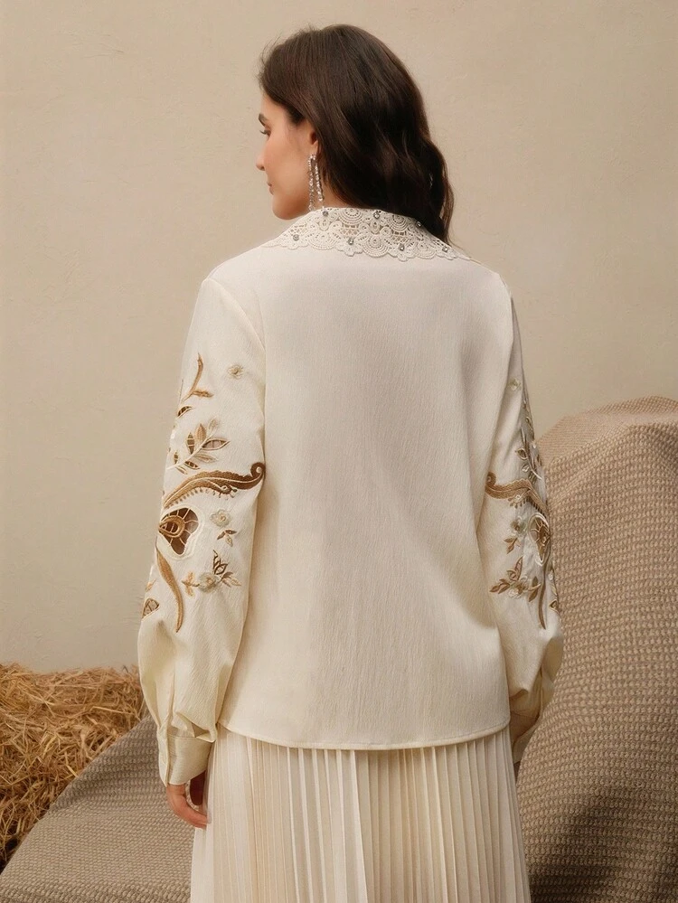Chemise tissée à manches longues pour femme, de couleur abricot, avec broderie ajourée, élégante pour le travail