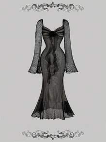 SHEIN MOD Robe moulante avec détail de buste froncé, décorations de ruban, manches évasées en dentelle, taille cintrée. Tenue de festival pour femme, vêtements de festival, robes de fête pour femme, robe de cérémonie, robe du Nouvel An, robes élégantes pour femme, robes sexy pour femme, robe de remise de diplôme blanche