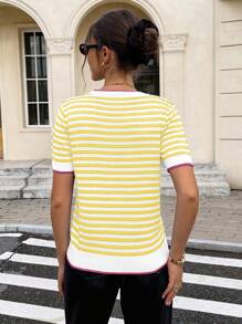 Áo len sọc ngắn tay cho nữ, phong cách thời trang tối giản phù hợp cho mùa hè - Màu vàng - Xem 2