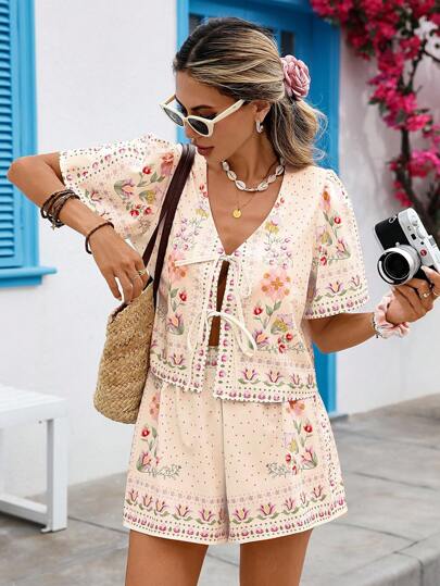 Vivid Eden Women's Vacation Casual Floral Print Tie Front Shirt & Shorts 2 Pieces Set, Two Pieces Sets For Women Summer, Boho Two Pieces Set, Floral Two Pieces Shorts Set, Women Summer Vacation Outfits, Short Sets For Women, Women 2 Pieces Summer Sets, Short Sets For Women Vacation, Boho Summer Clothes Women