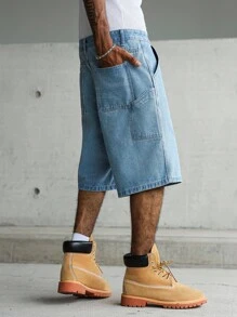 Manfinity Hypemode 男式休闲街头风格多口袋蓝色牛仔工装短裤