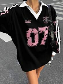 SHEIN EZwear Casual Colorblock Polo Collar Long Sleeve Loose T-Shirt, Suitable For Autumn/Winter, Sports Games, Bow Print, Number 07 Print, Plus Size