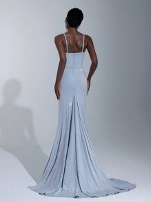 Elitara Elegant, Luxurious, Fashionable, Dignified, Shimmering, Hazy Blue, Knitted Metallic Fabric, Pleated, Bust Cup, Fishtail Hem, Trailing, Suitable For Vacation, Wedding, Bachelorette Party, Gala, Formal Dinner Dress - Dusty Blue - View 2