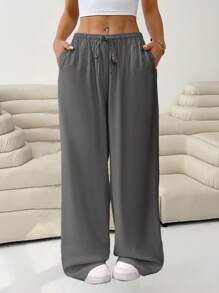 SHEIN EZwear Quần ống rộng cạp rút màu trơn cỡ lớn thường ngày, xuân/hè - Màu xám đen - Xem 1